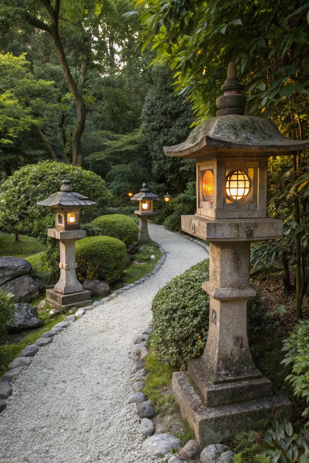 Timeless stone lanterns creating a serene garden nook.