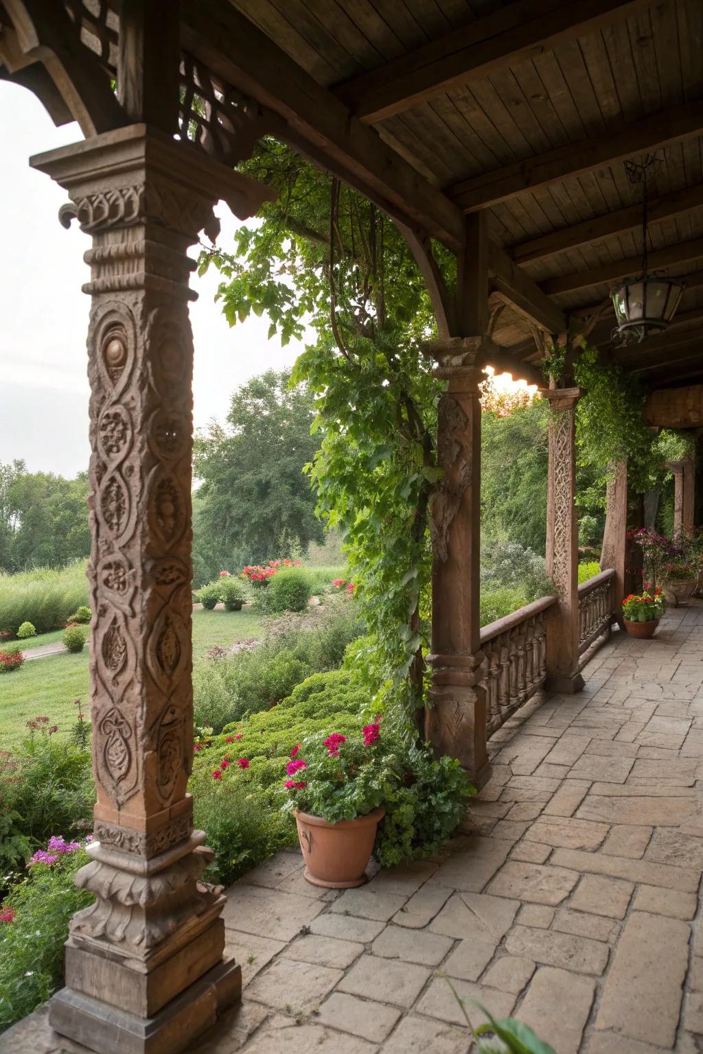 Carved wooden posts add artistry and charm to porches.
