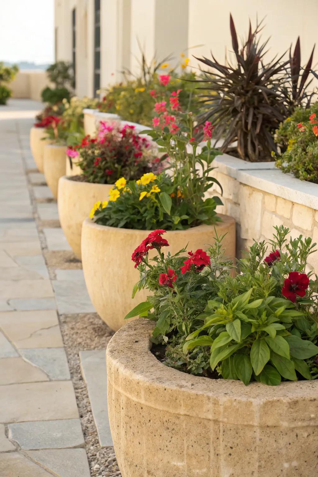 Rustic sandstone planters enhancing garden charm.