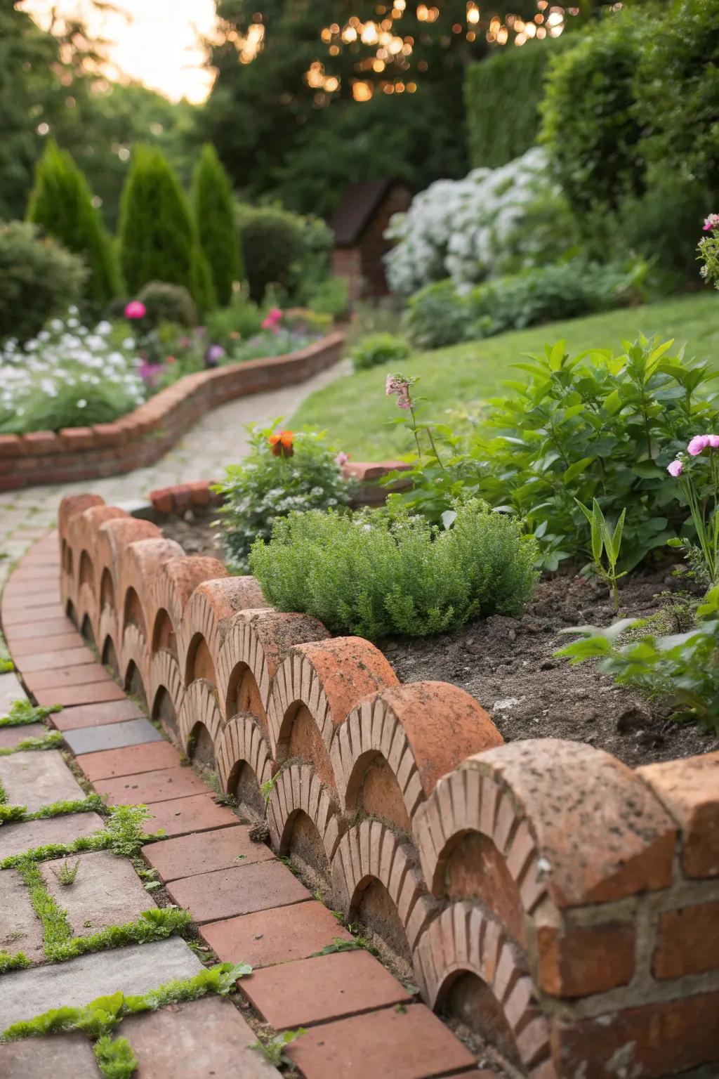 Whimsical patterns with scalloped brick edging.