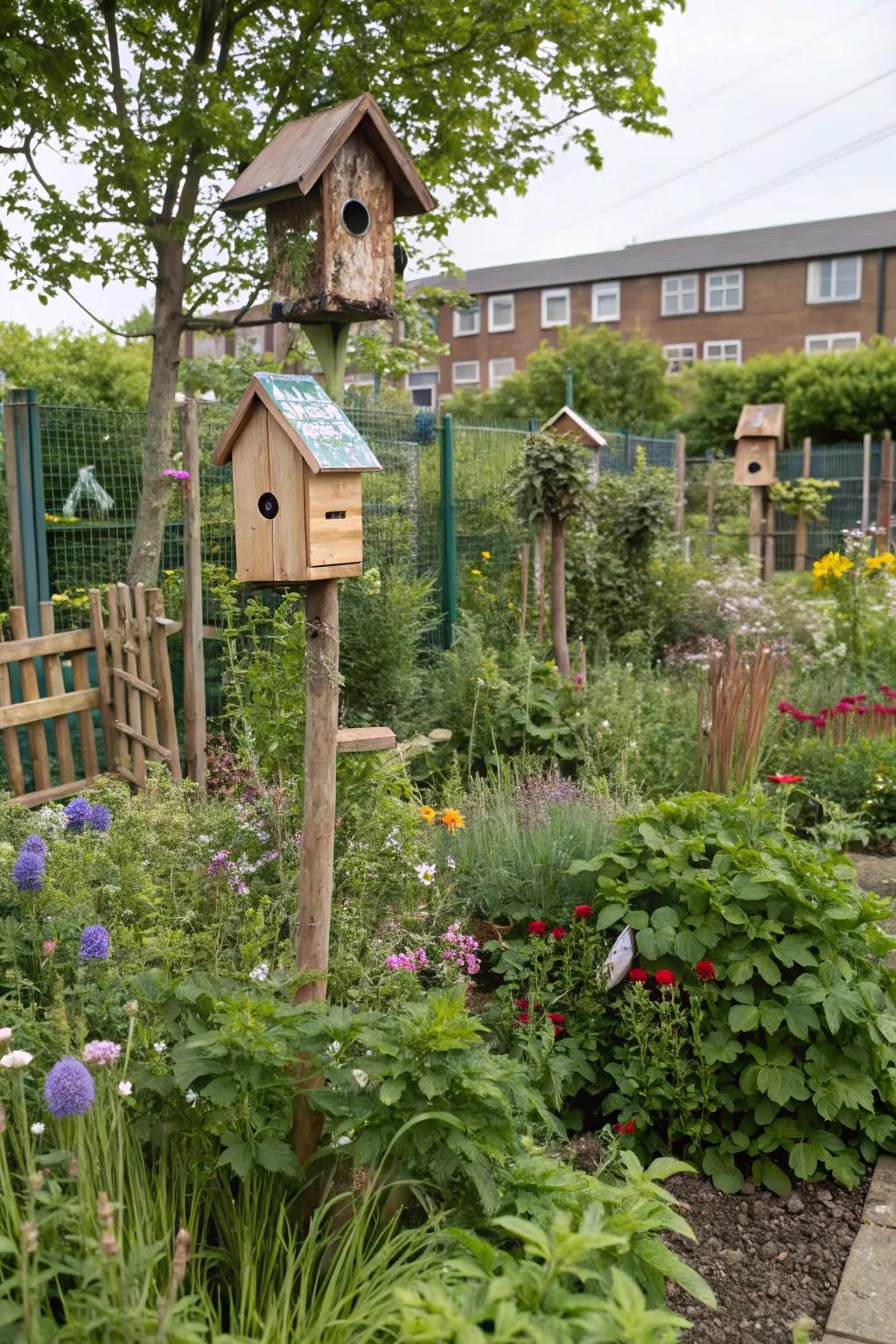 Birdhouses and insect hotels in the school garden, making it a welcoming environment for wildlife.