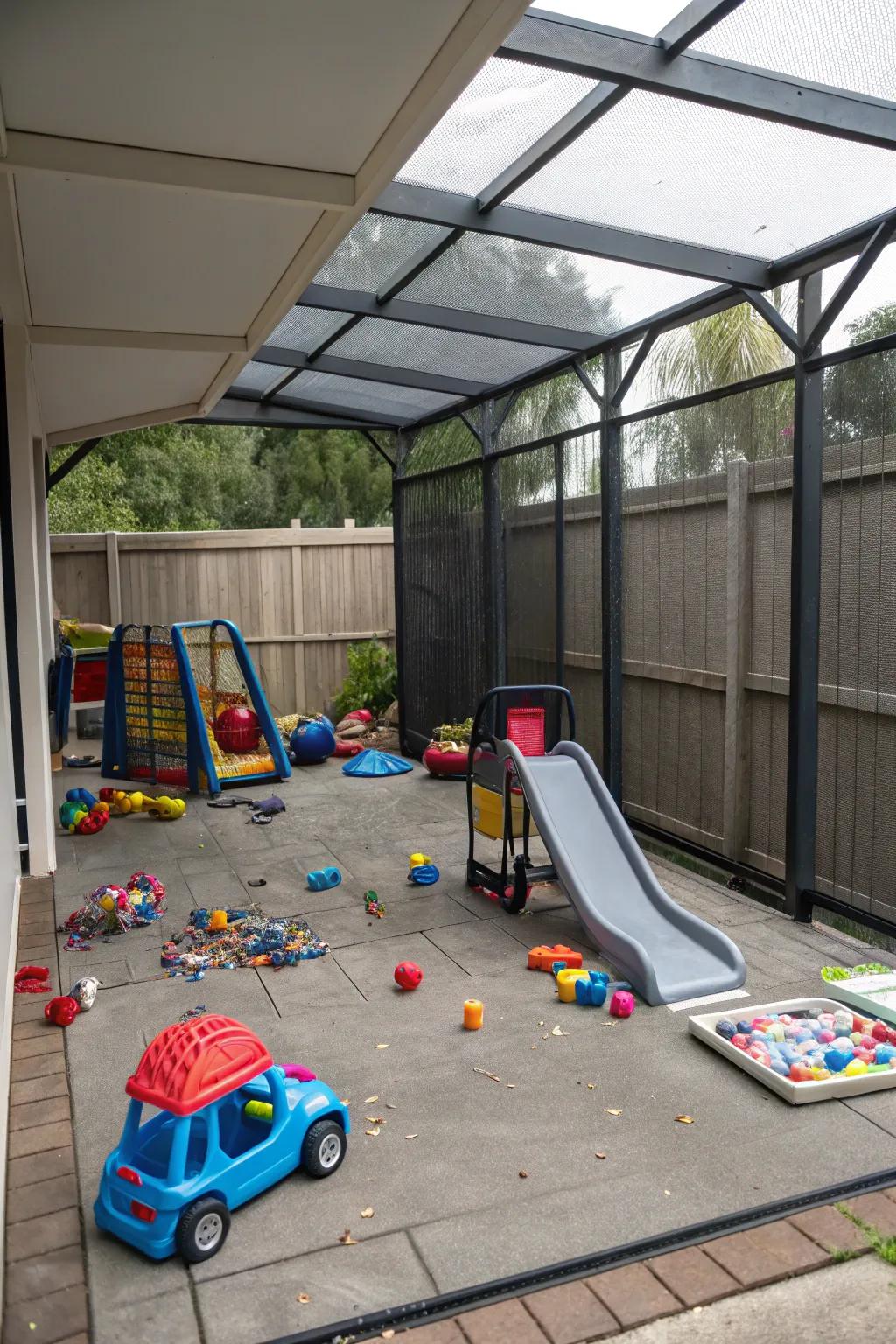 A fun-filled children's play area in a screened carport.