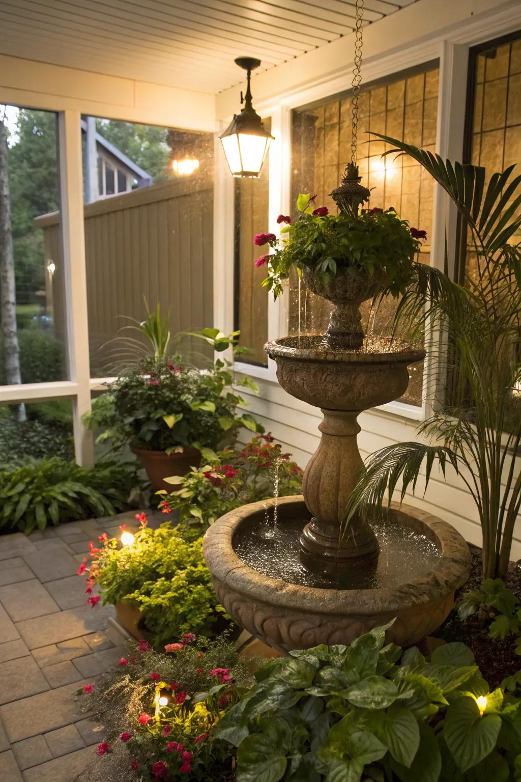 A water feature adds tranquility to your porch.