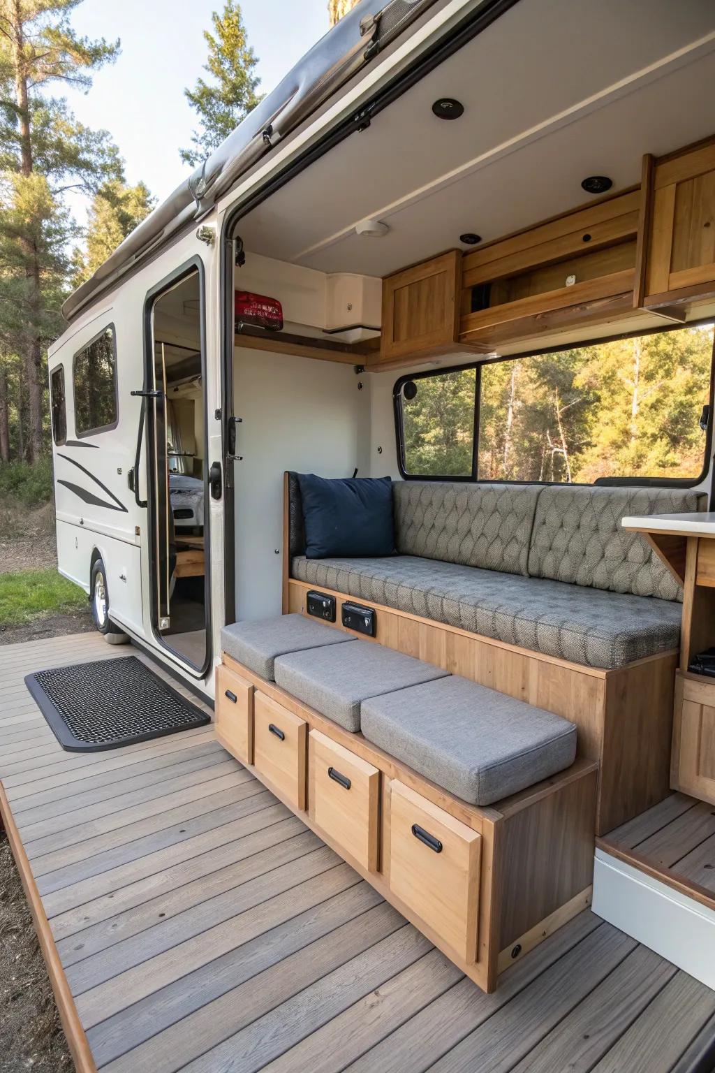 A camper deck with practical built-in storage benches.