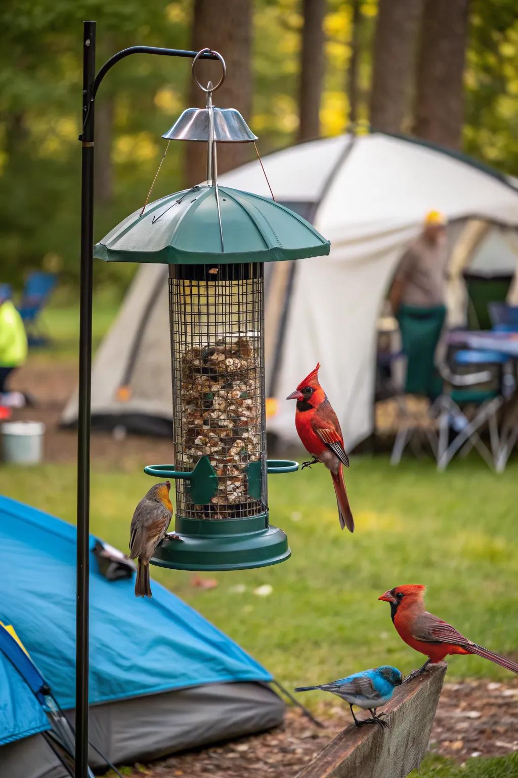A bird feeder inviting nature to the campsite.