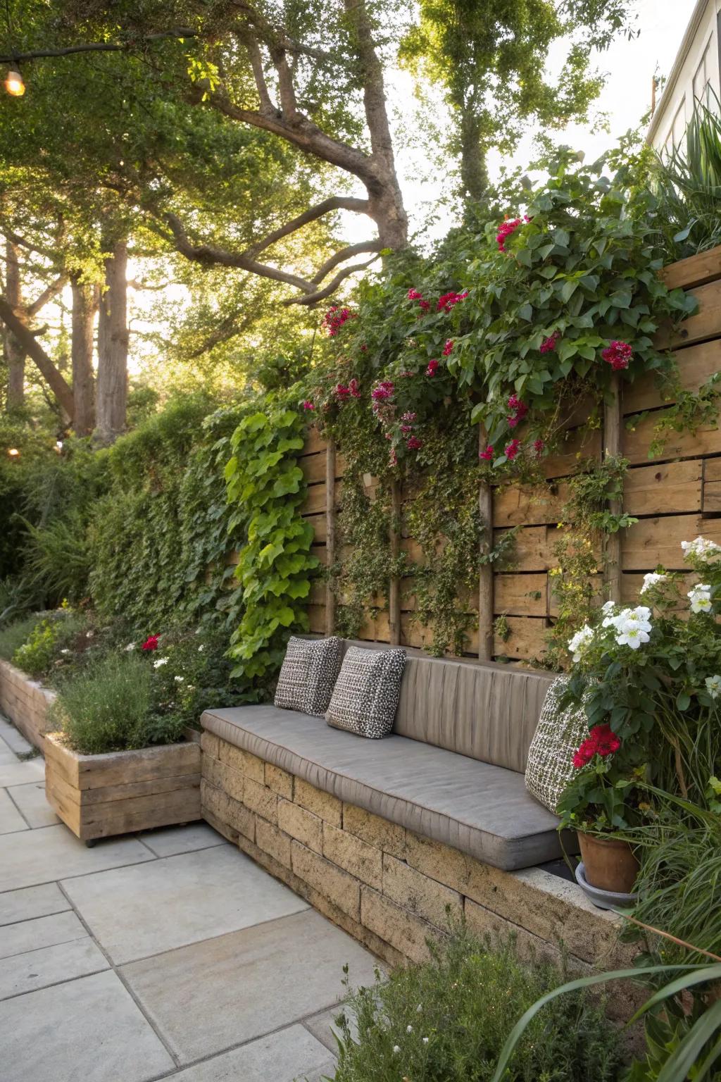 Eco-friendly seating wall made from recycled materials.