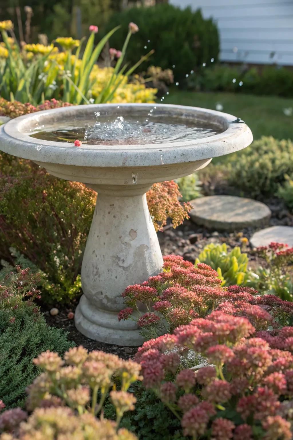A birdbath encircled by vibrant sedum.