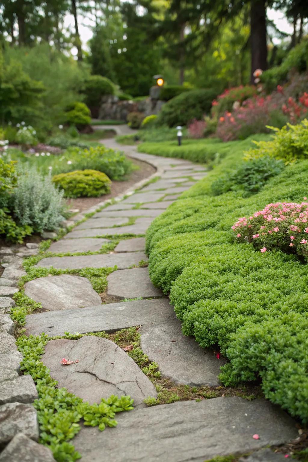 Creeping sedums create a lush, inviting pathway.