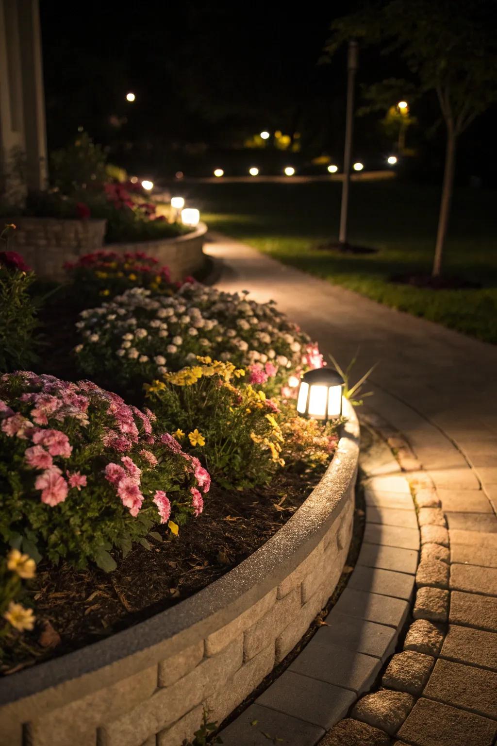 Solar lights add a magical glow to a semi-circle flower bed.