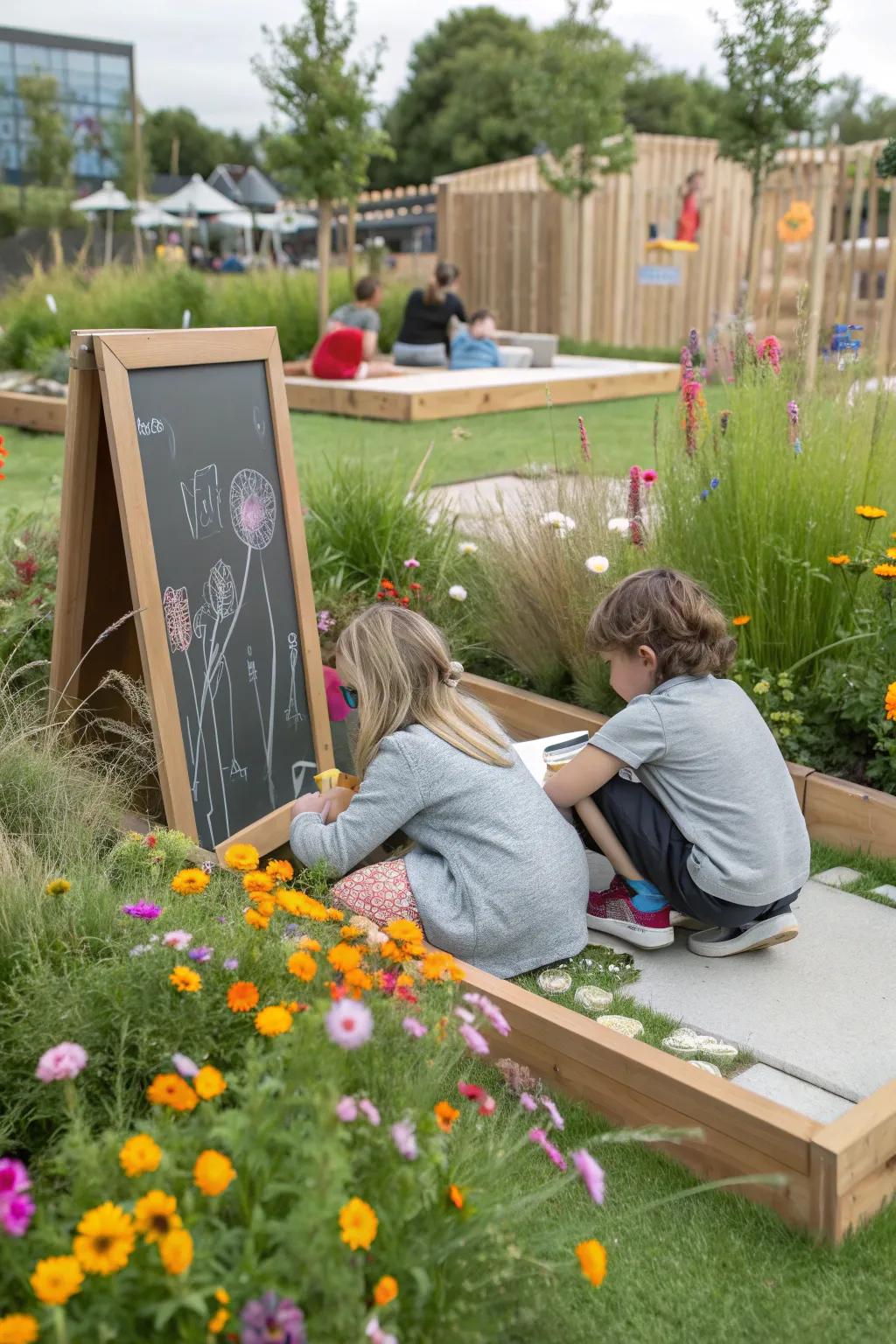 A chalkboard wall invites creativity and expression in the garden.