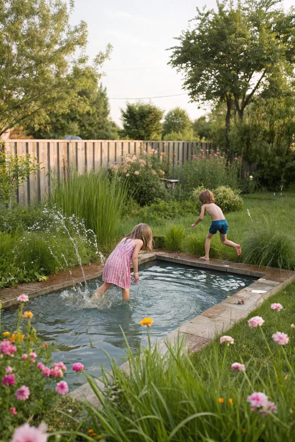 A water play area in the garden providing fun and sensory exploration.