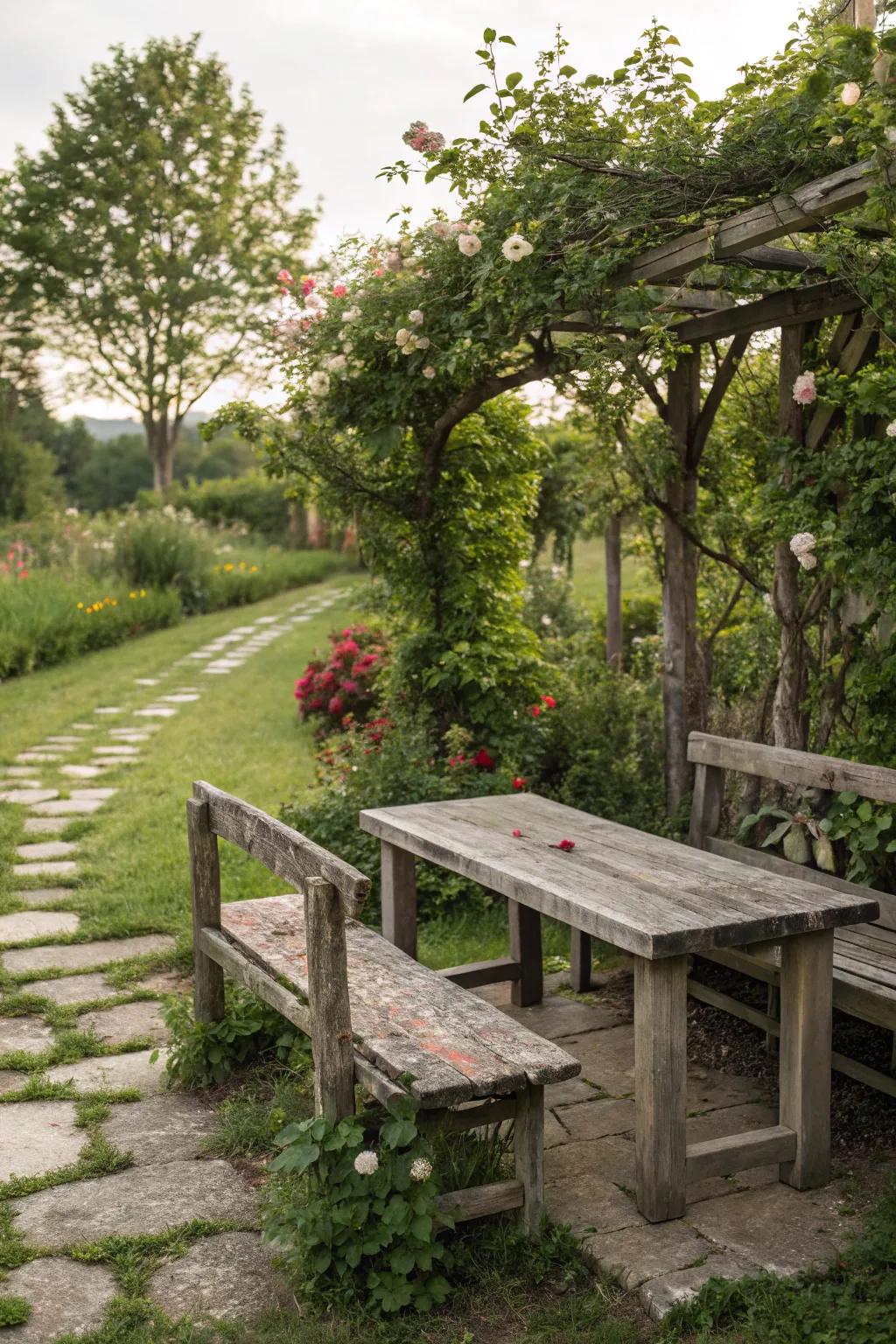 Reclaimed wood elements provide rustic charm and sustainability.