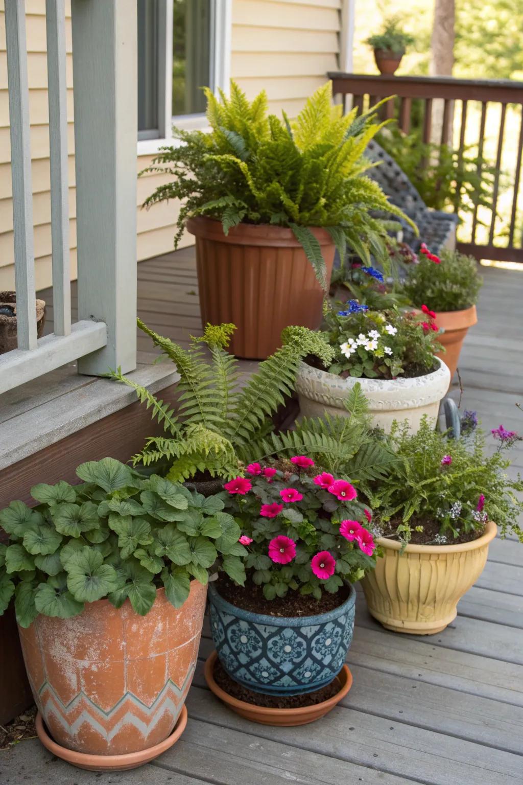 Potted plants bring life and freshness to a shabby chic porch.