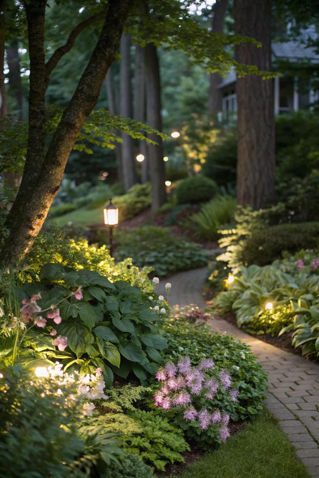 Outdoor lighting adds magic to a shaded garden at night.