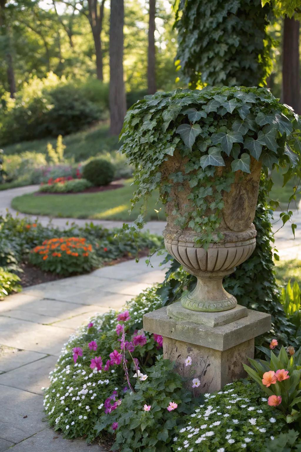 Evergreen ivy providing year-round interest in a pot with seasonal flowers.