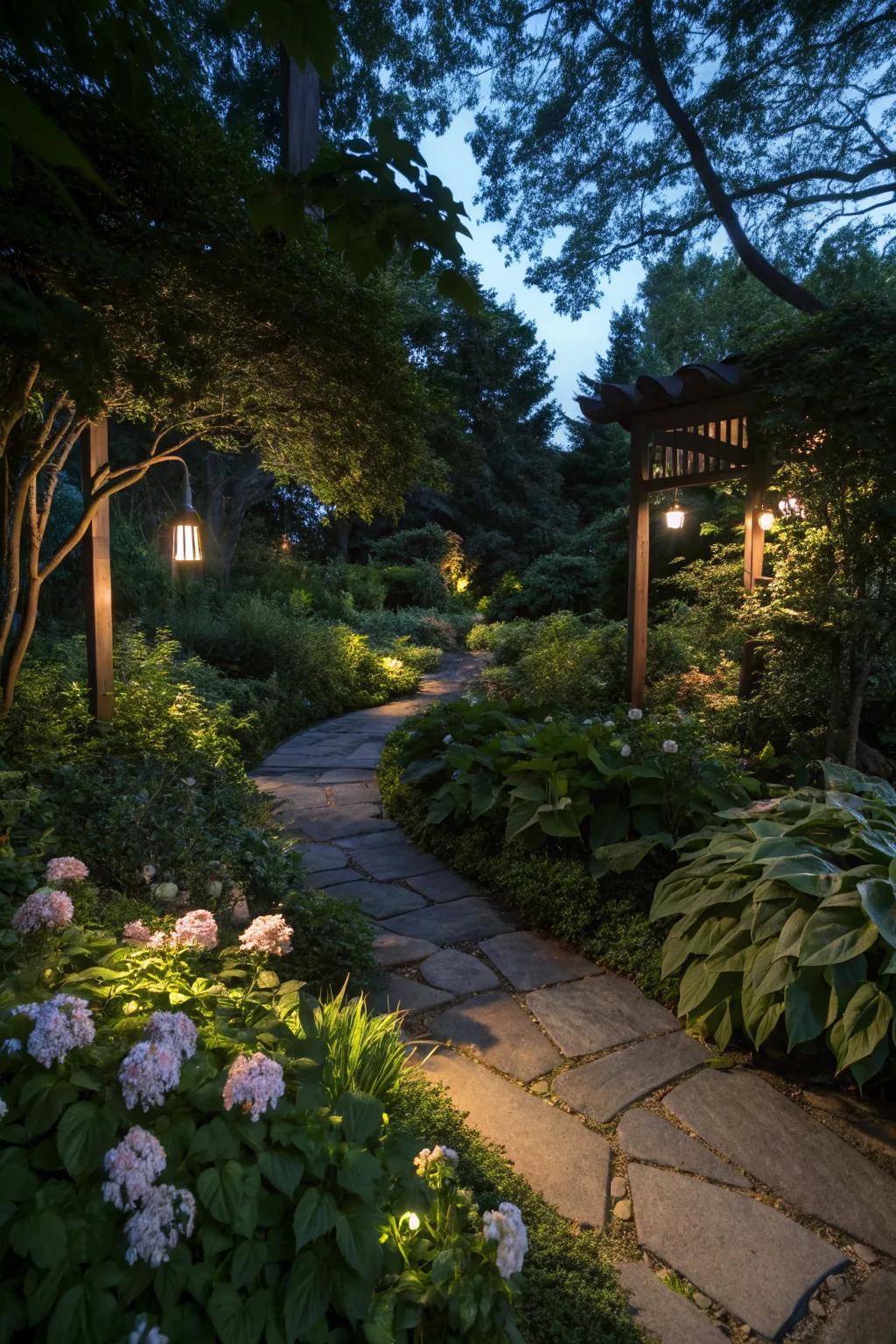 Soft lighting creates a magical nighttime garden atmosphere.