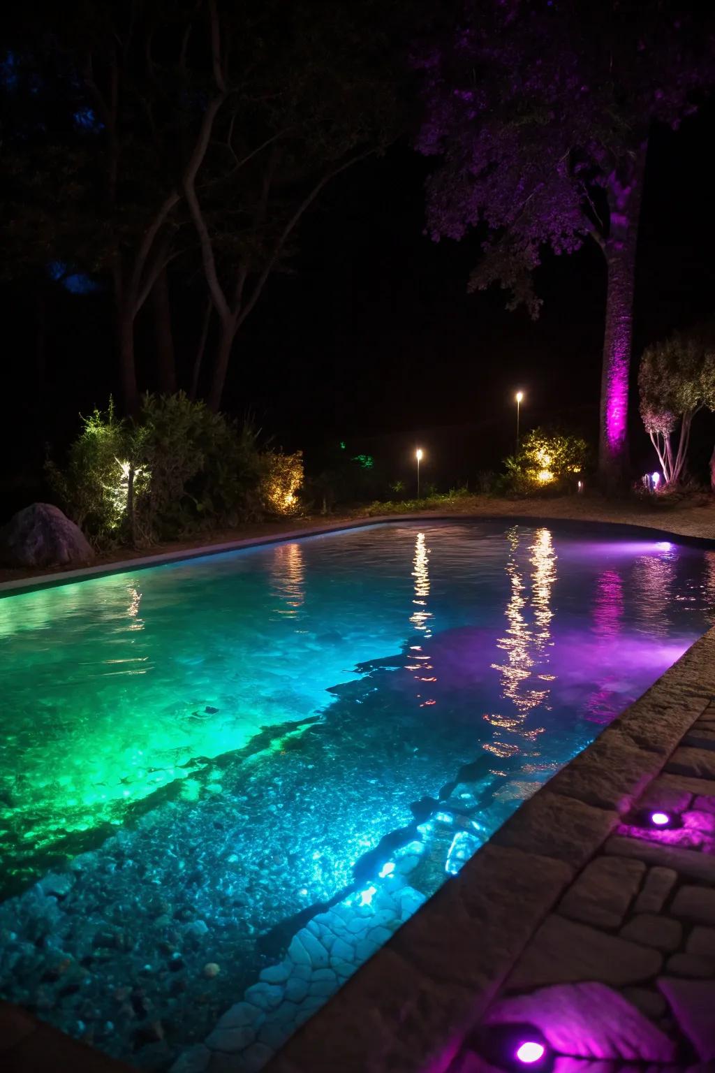 A shallow pool beautifully illuminated with underwater lighting.