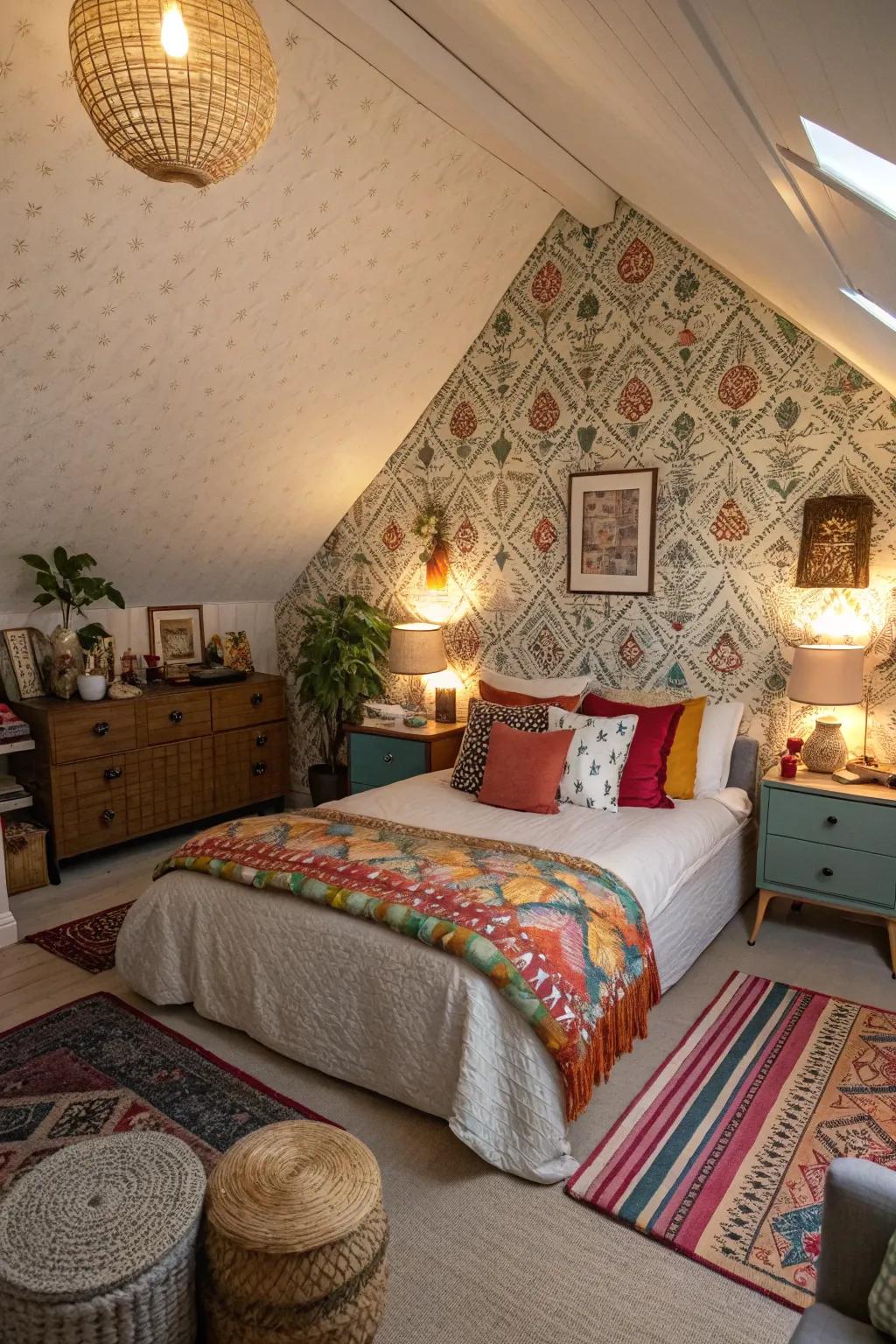 A she shed with a bold patterned wallpaper ceiling.
