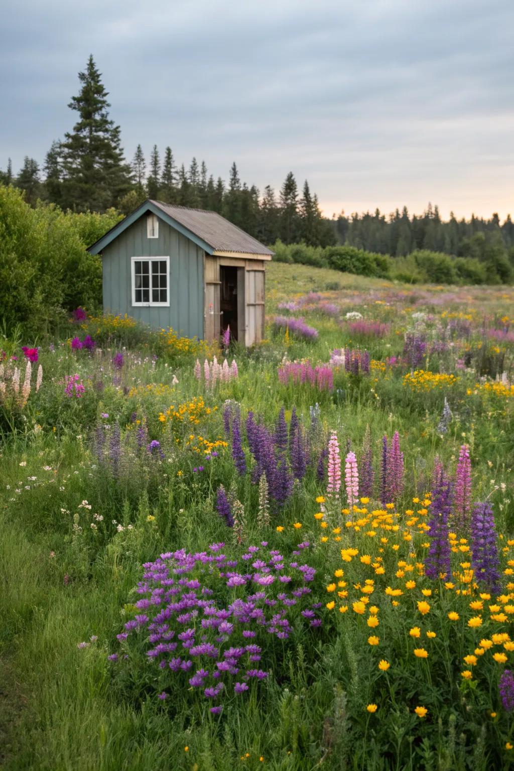 Wildflower meadows offer a colorful, low-maintenance landscape for your she shed.