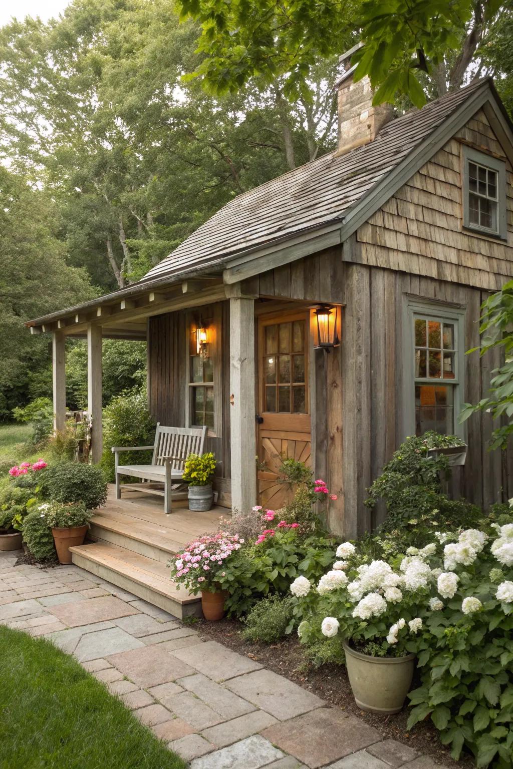 A farmhouse-style shed cabin with a side porch