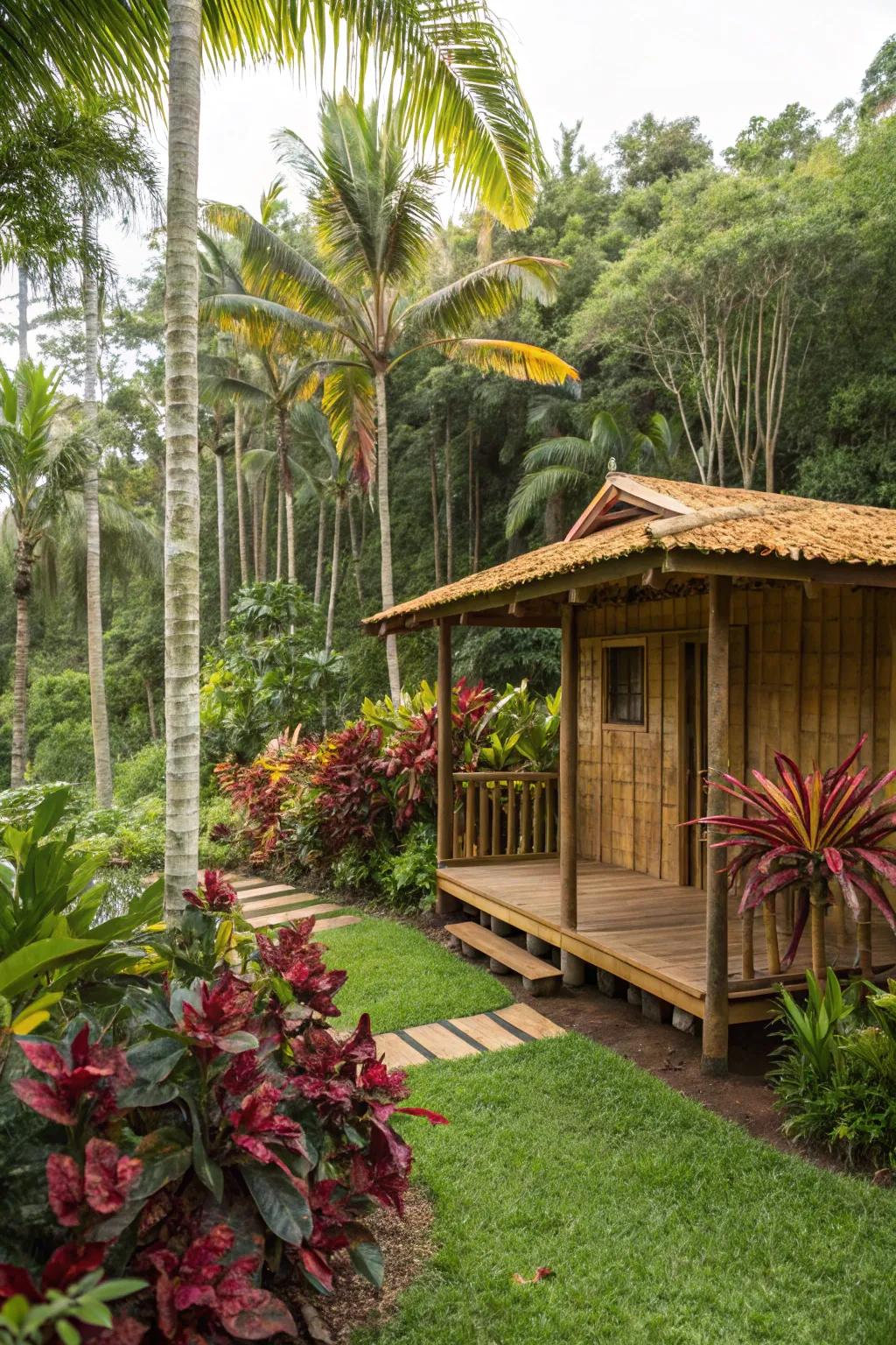 Shed with a bamboo porch roof surrounded by tropical plants.