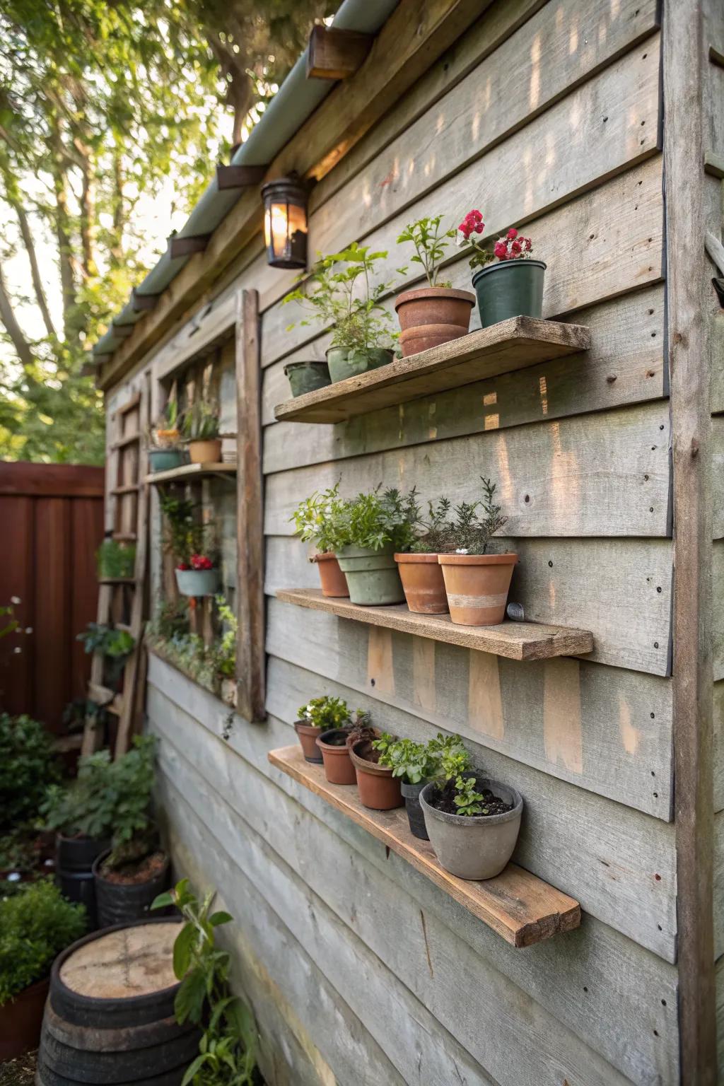 Floating shelves with plants bring freshness to a shed.