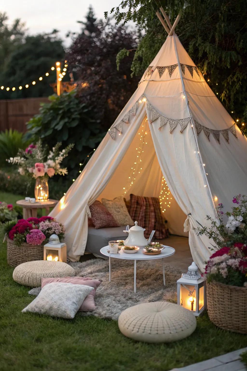 A tented corner is ideal for relaxing garden teas.
