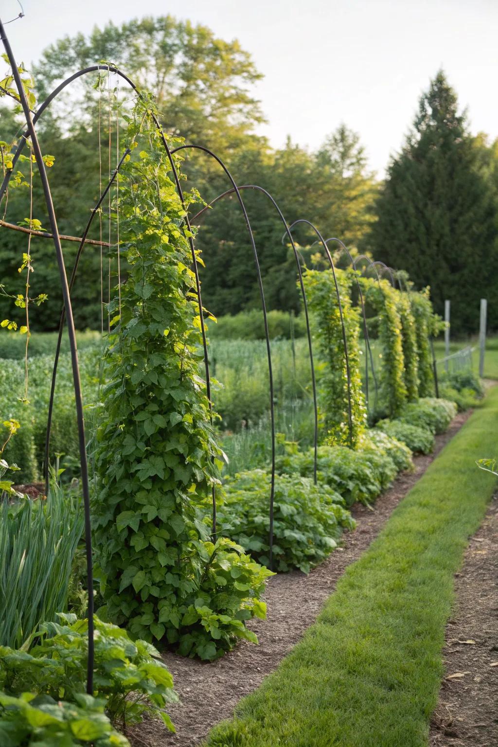 Vining plants on shepherd hooks offer privacy and greenery.
