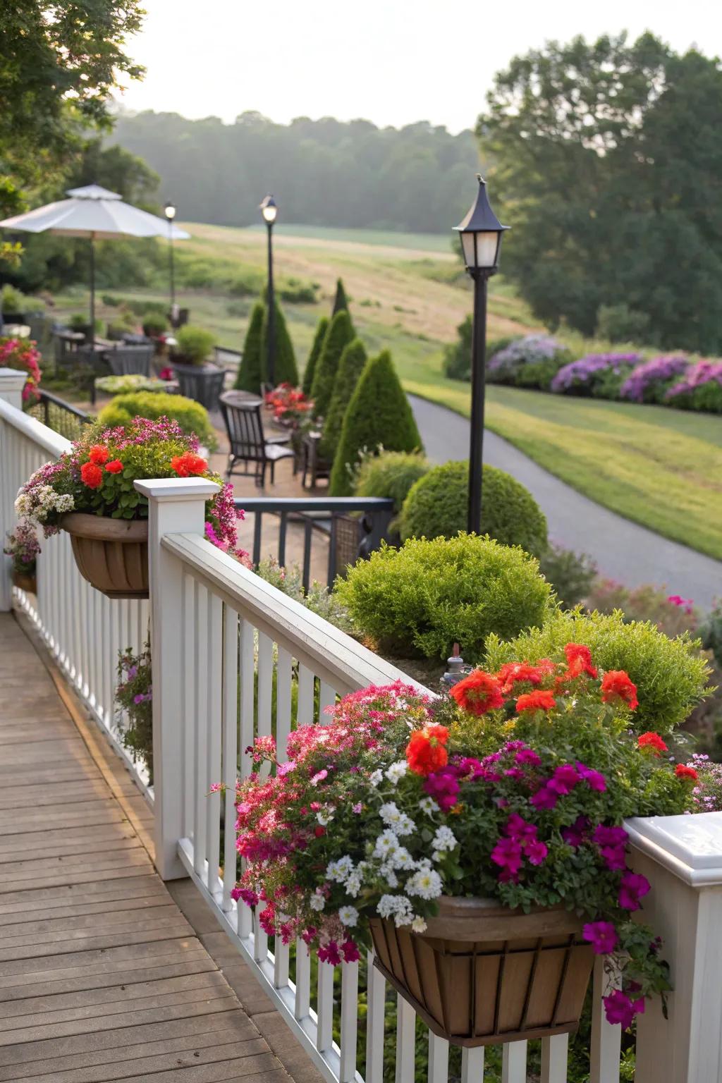Integrated planters add greenery and charm to your deck.