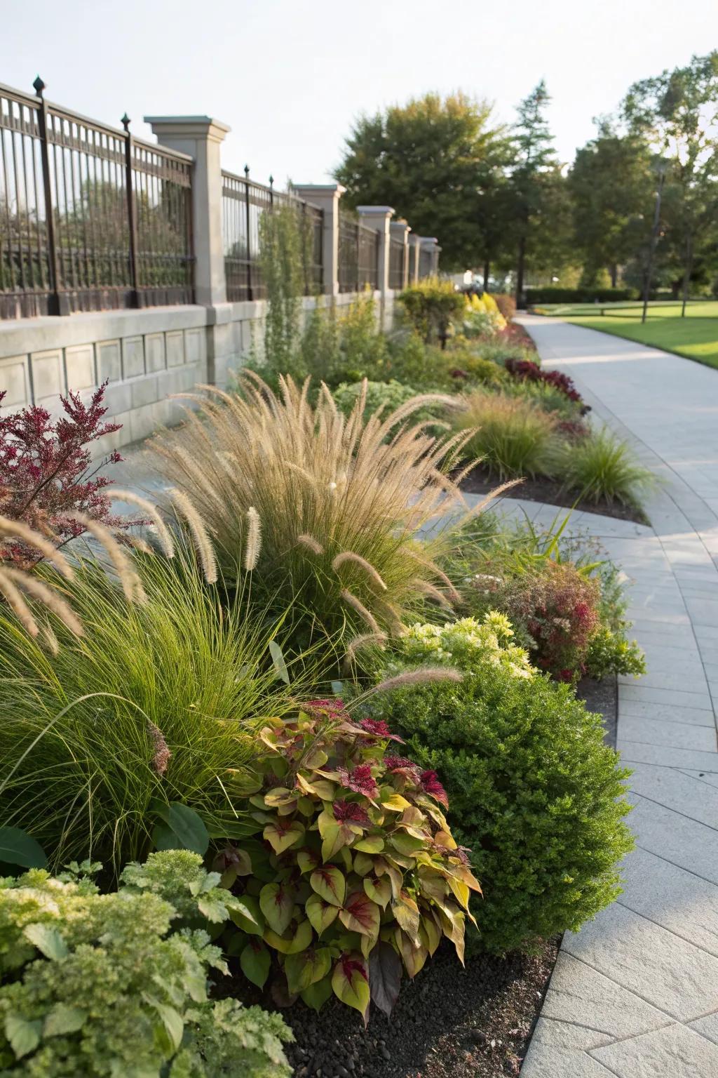 A textured garden with shrubs and ornamental grasses.