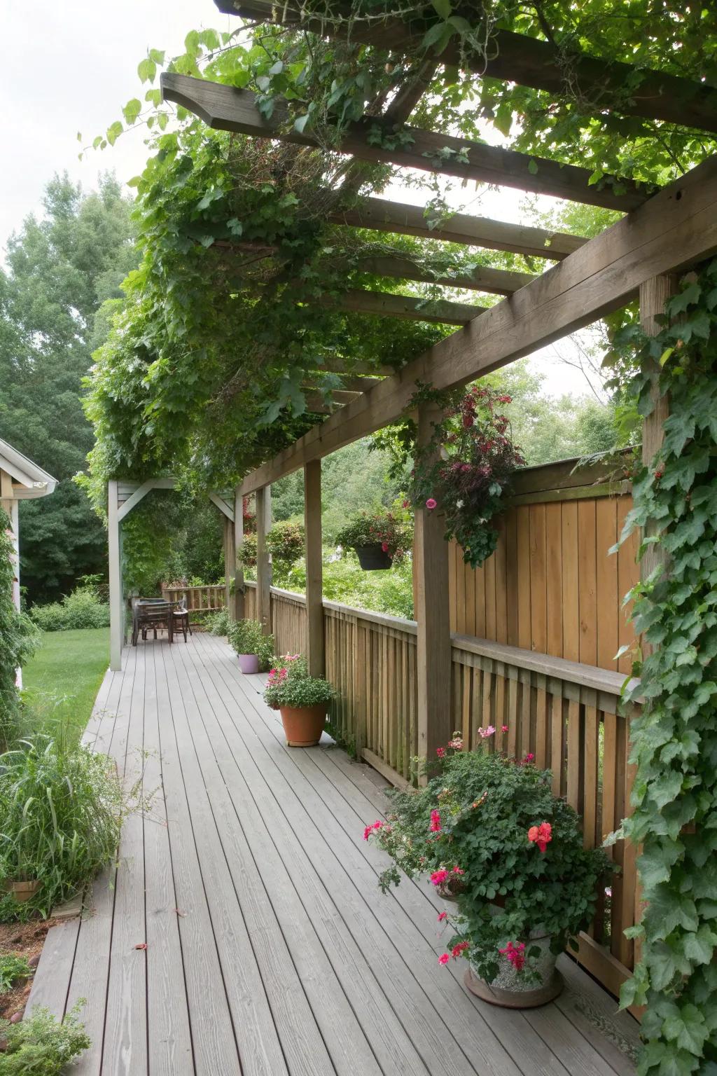Climbing plants provide lush greenery and natural shade on your side deck.