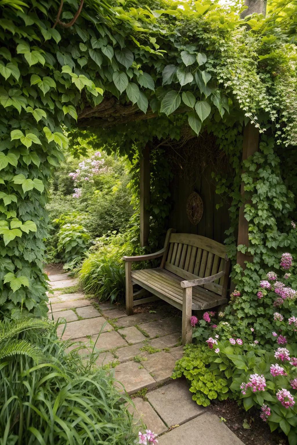 A secret garden nook offers a magical hideaway in a side yard.