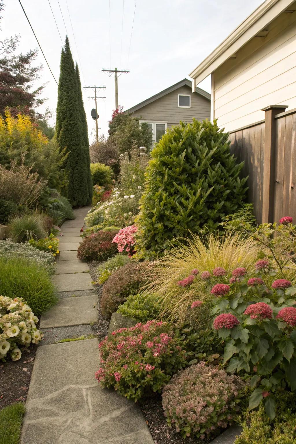 Layered planting adds depth and interest to your side yard.
