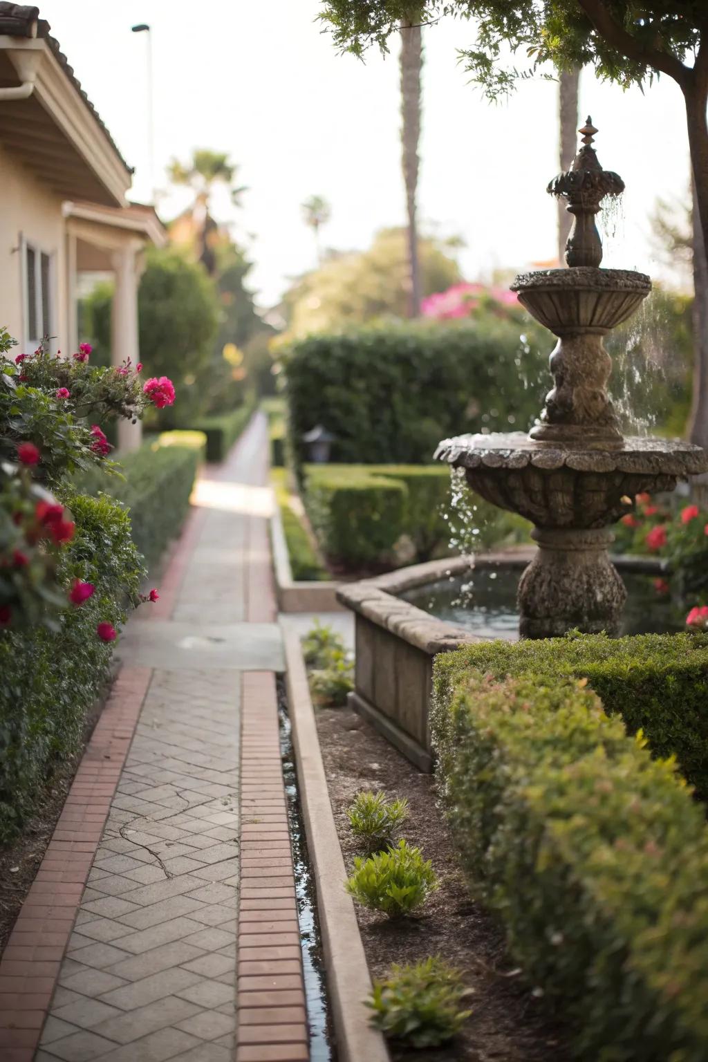 Water features bring tranquility and charm to walkways.