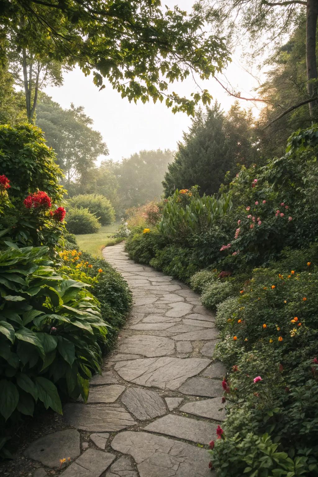 Flagstone paths provide a natural and harmonious flow.
