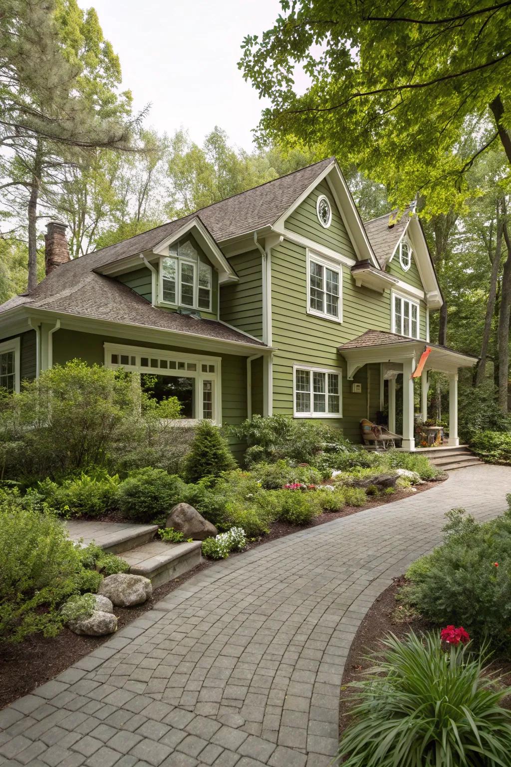 Olive siding with cream trim exudes chic and sophisticated charm.
