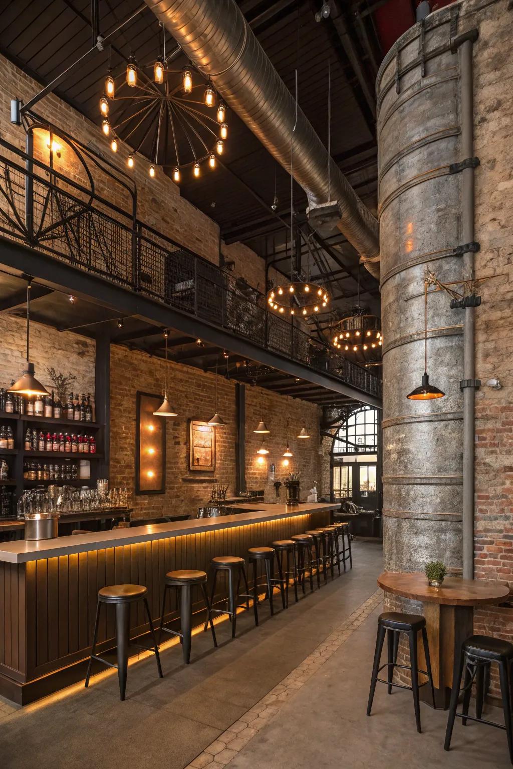 Industrial chic elements giving a modern edge to a silo bar.