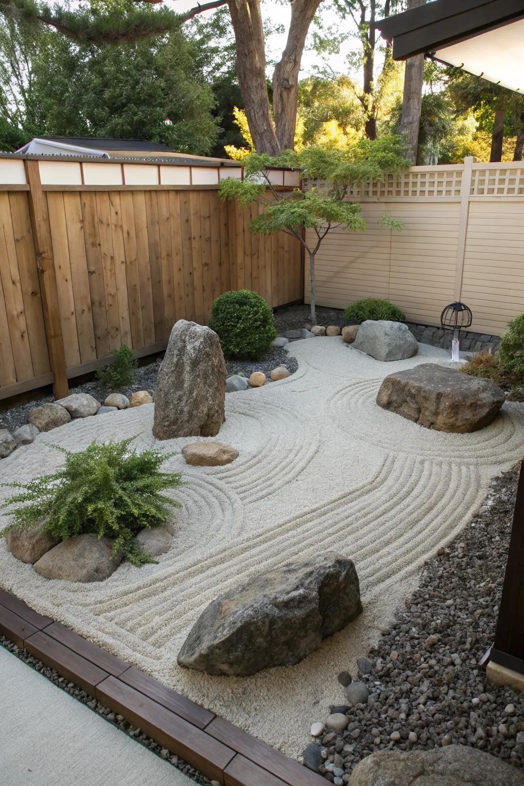 A Zen garden corner provides a peaceful retreat in your backyard.
