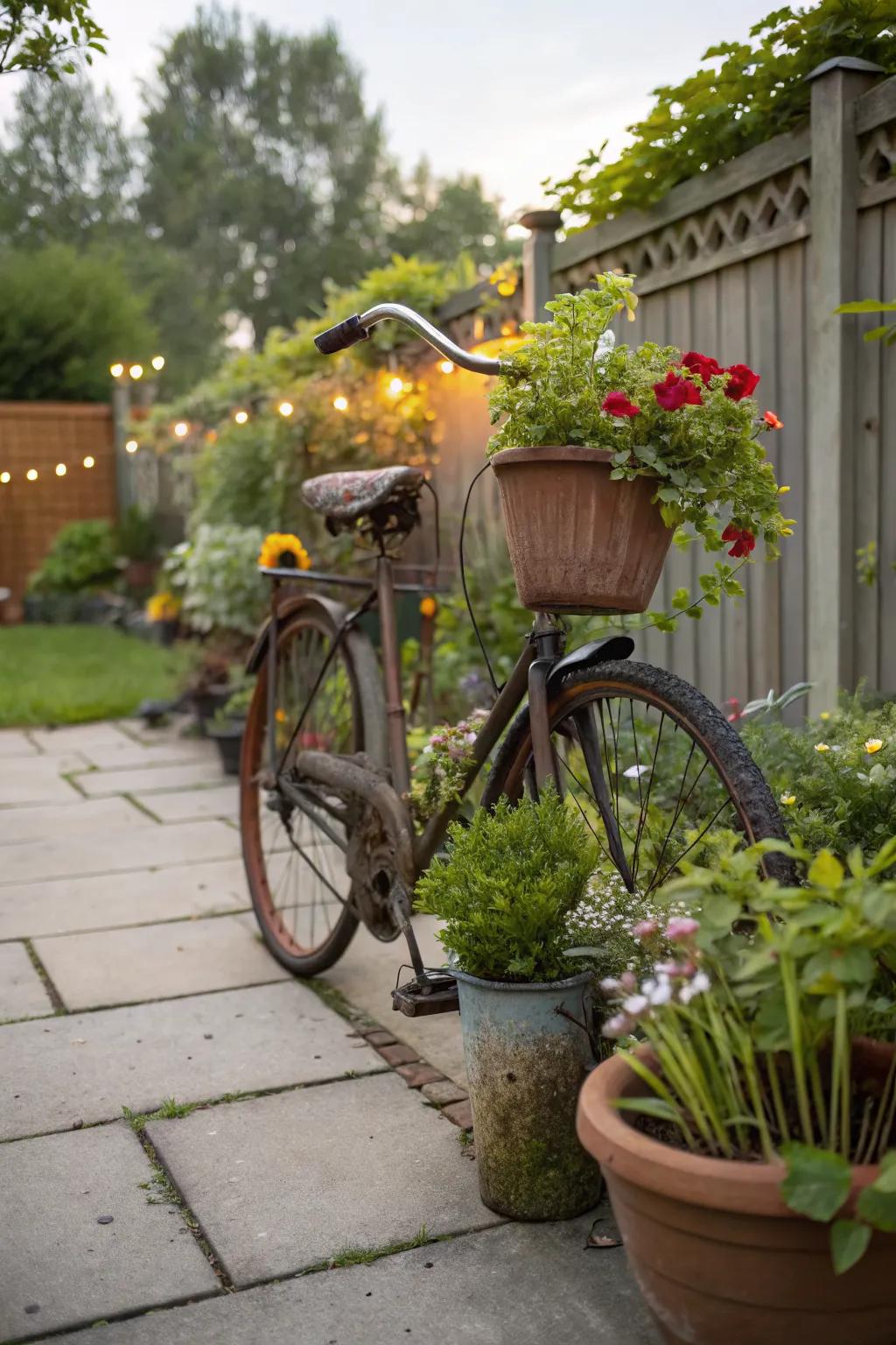 Upcycled items add charm and uniqueness to the patio.