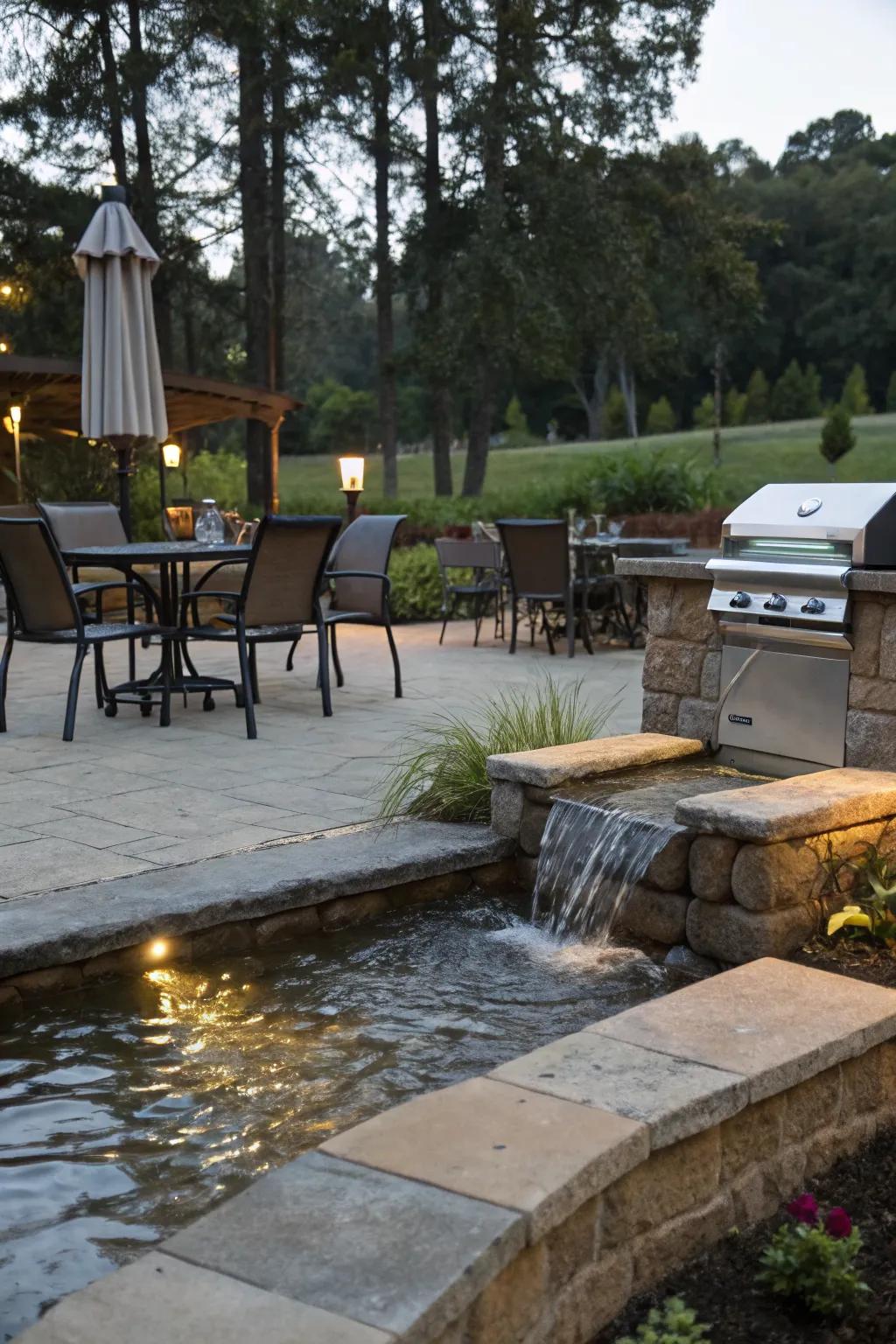A water feature adds tranquility and enhances ambiance.