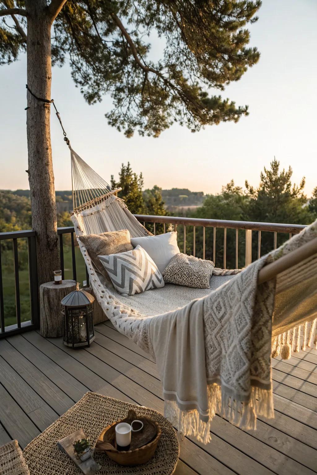 A swinging hammock adds fun and relaxation to your deck.