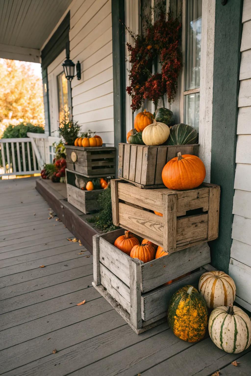 Vintage crates create a charming layered display.