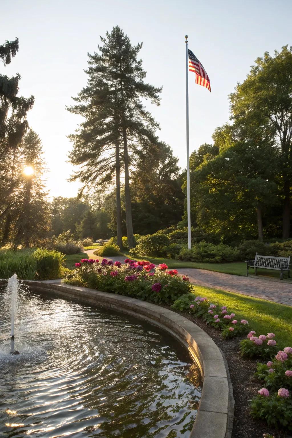 A water feature adds tranquility and charm to your flagpole landscape.