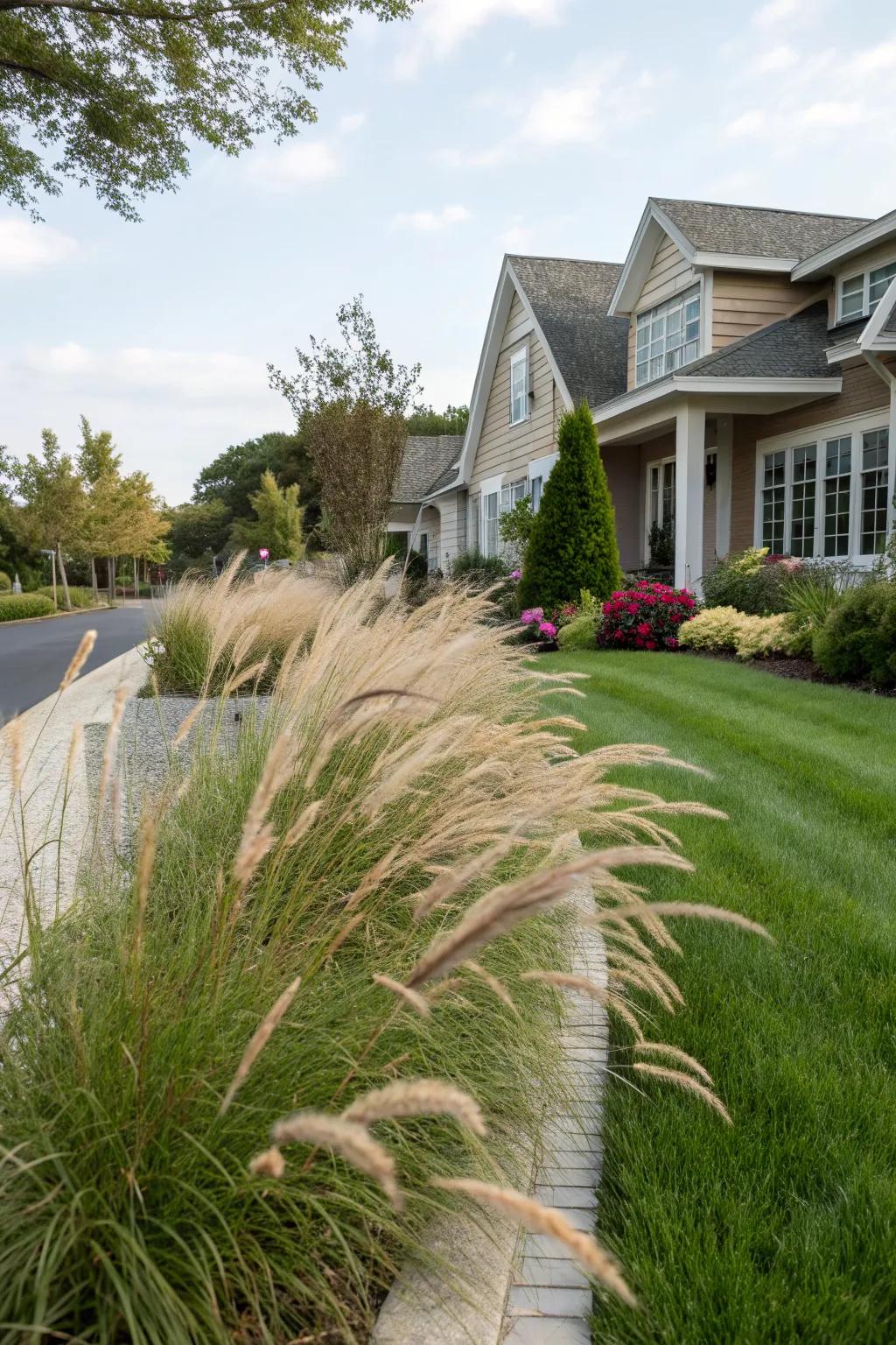 Ornamental grasses provide movement and privacy.