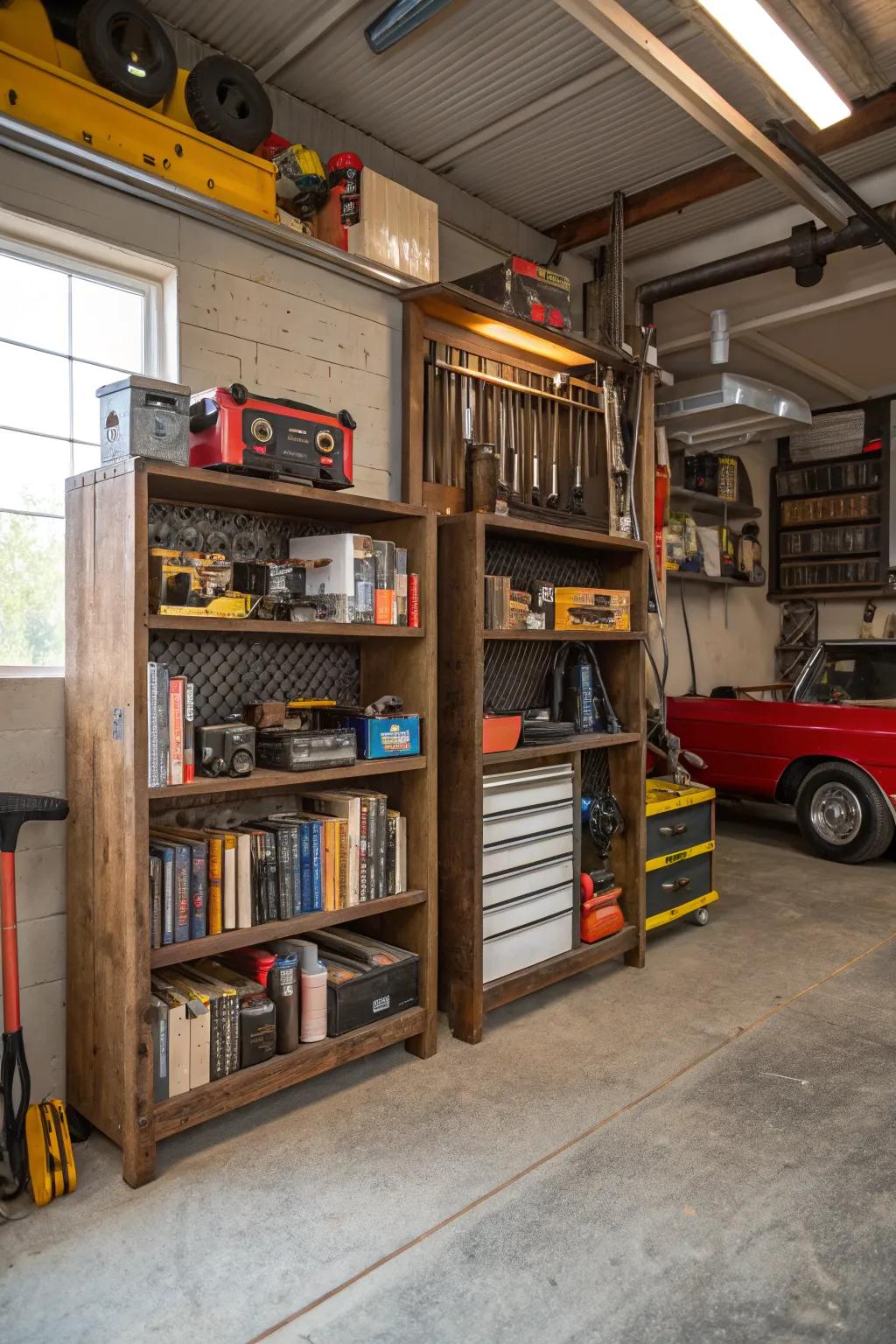 Repurposed furniture adds character and functionality to your garage.