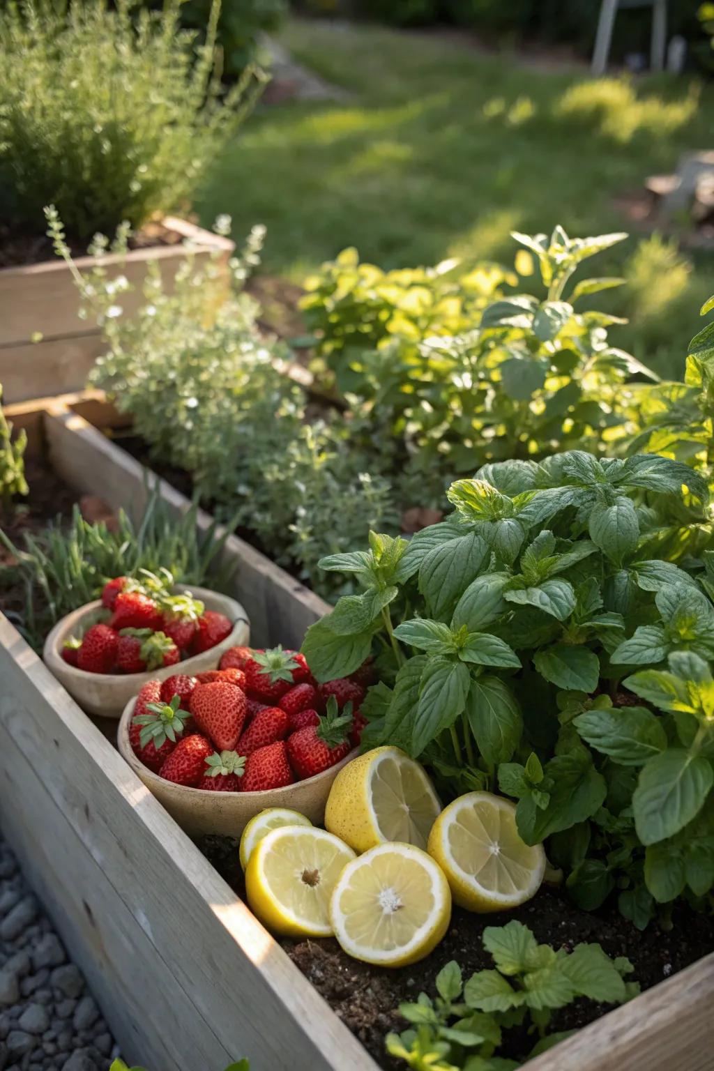 A cocktail garden teeming with herbs and fresh fruits.