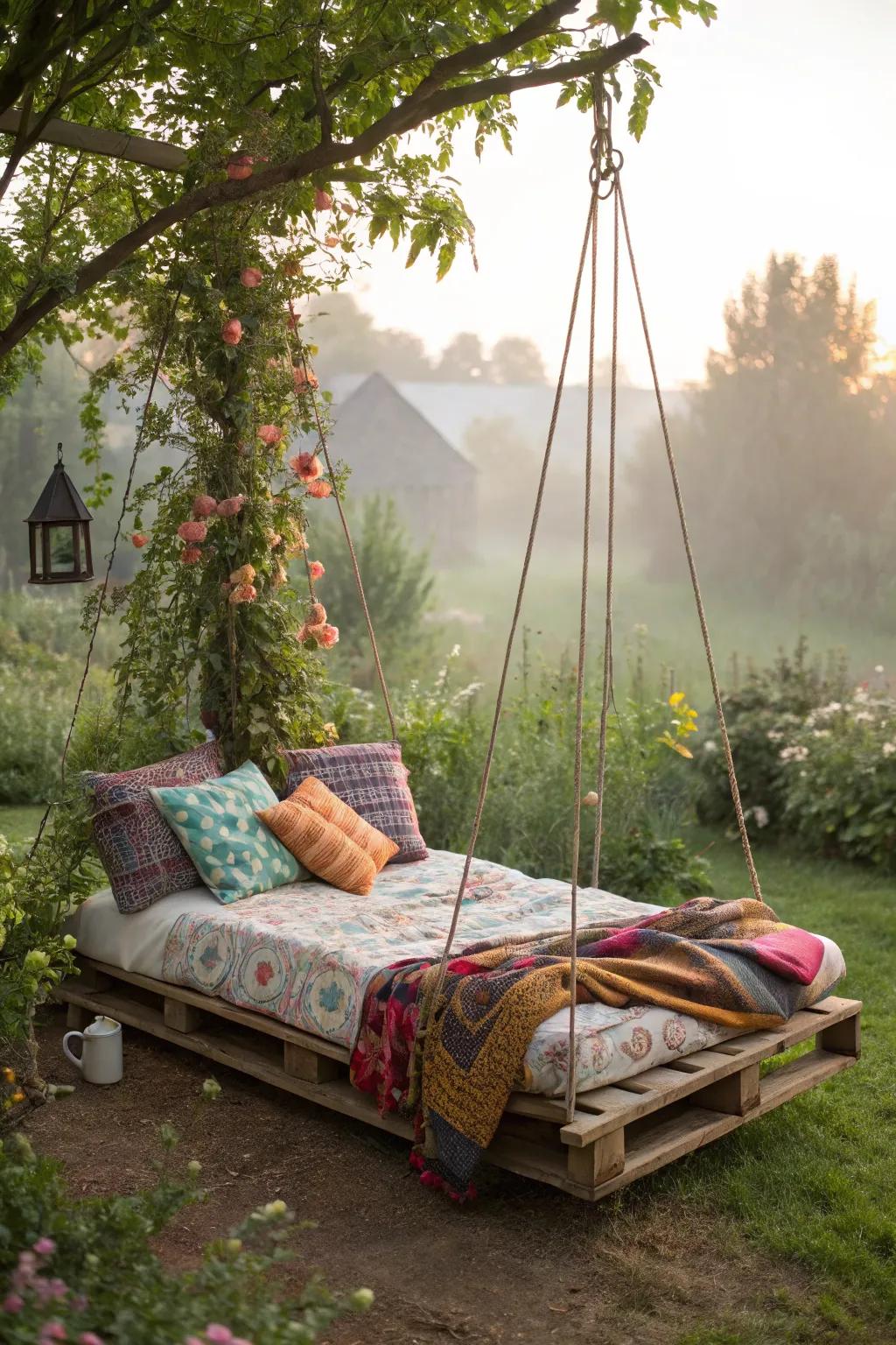 A cozy hanging bed made from pallets offers a unique garden retreat.