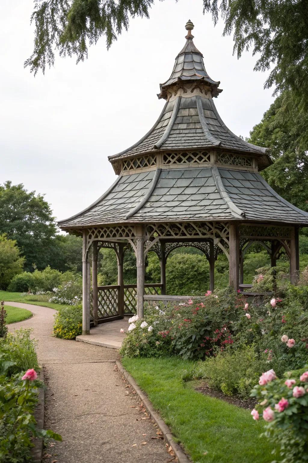 A distinctive roof style adds character and elegance to this gazebo.