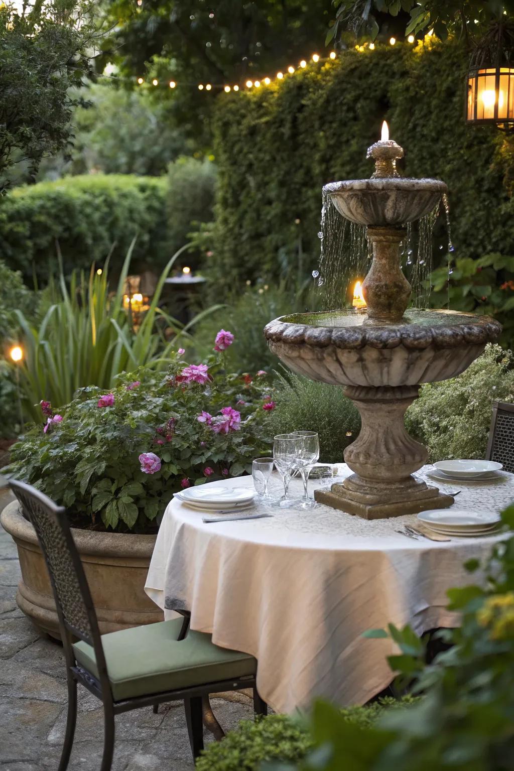 Enhance dining with an outdoor tabletop fountain.