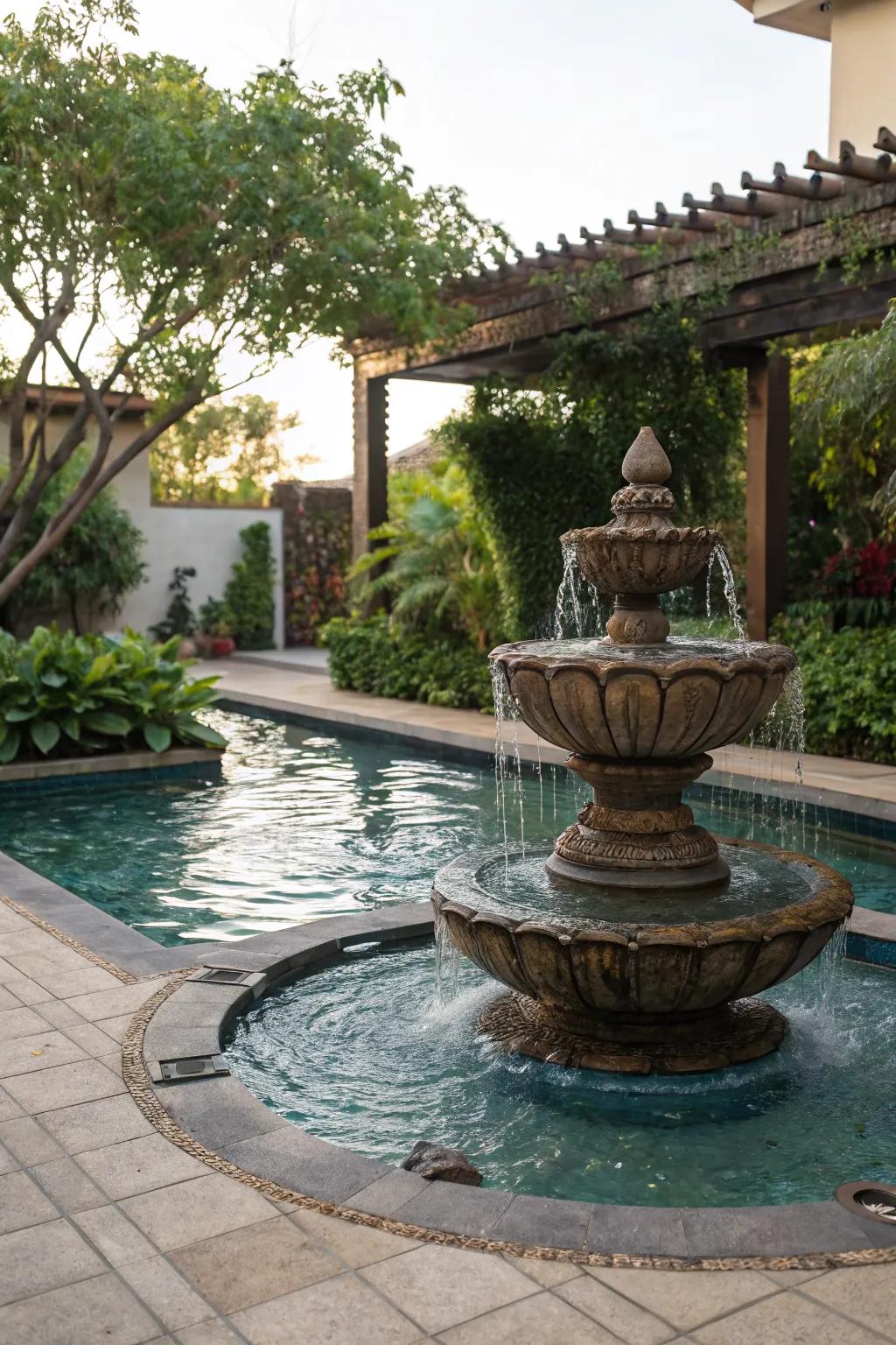 Artistic sculptures add personality and elegance to pool design.